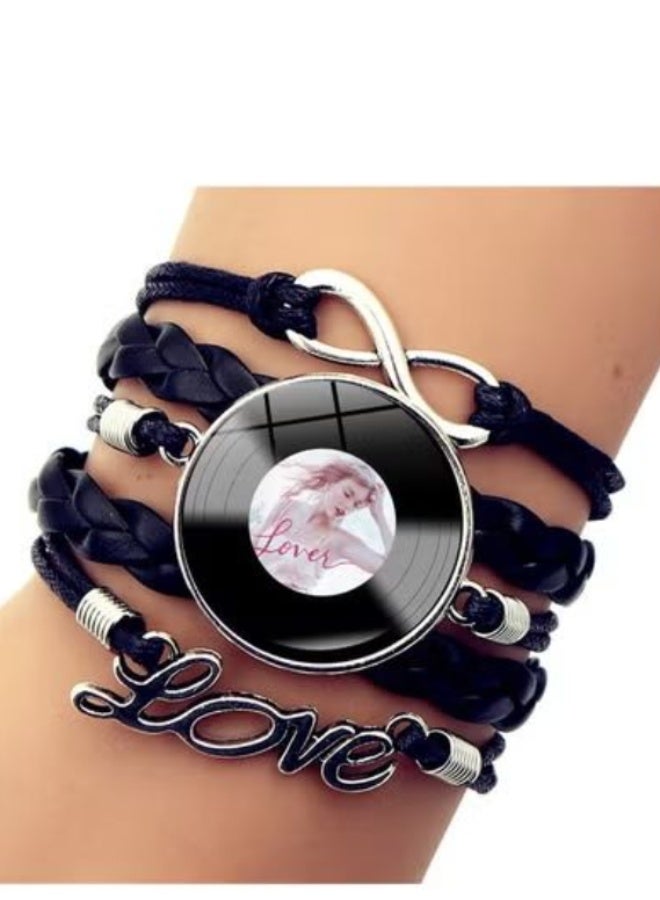 Black Braided Leather Bracelet with Custom Vinyl Record Photo Charm: "Love"-Themed Personalized Jewelry