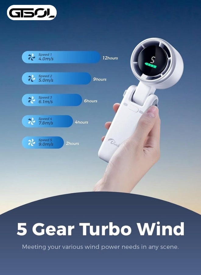 Turbo AirTech 5-Speed Foldable Handheld Fan – Rechargeable USB-C Mini Fan with LED Display, Long Battery Life, Turbo Cooling Technology – White