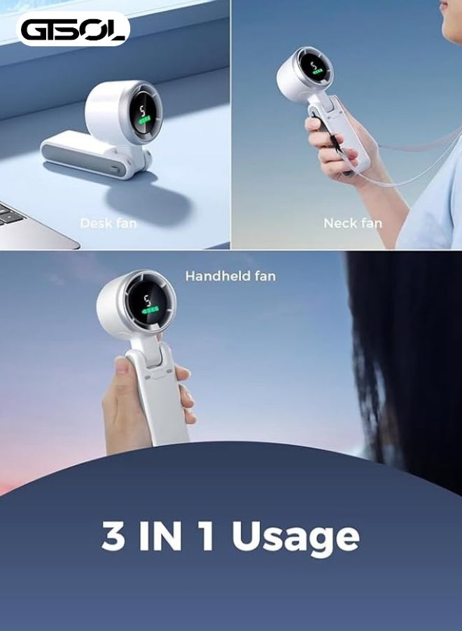 Turbo AirTech 5-Speed Foldable Handheld Fan – Rechargeable USB-C Mini Fan with LED Display, Long Battery Life, Turbo Cooling Technology – White