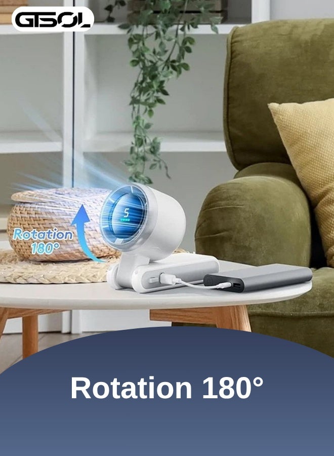 Turbo AirTech 5-Speed Foldable Handheld Fan – Rechargeable USB-C Mini Fan with LED Display, Long Battery Life, Turbo Cooling Technology – White
