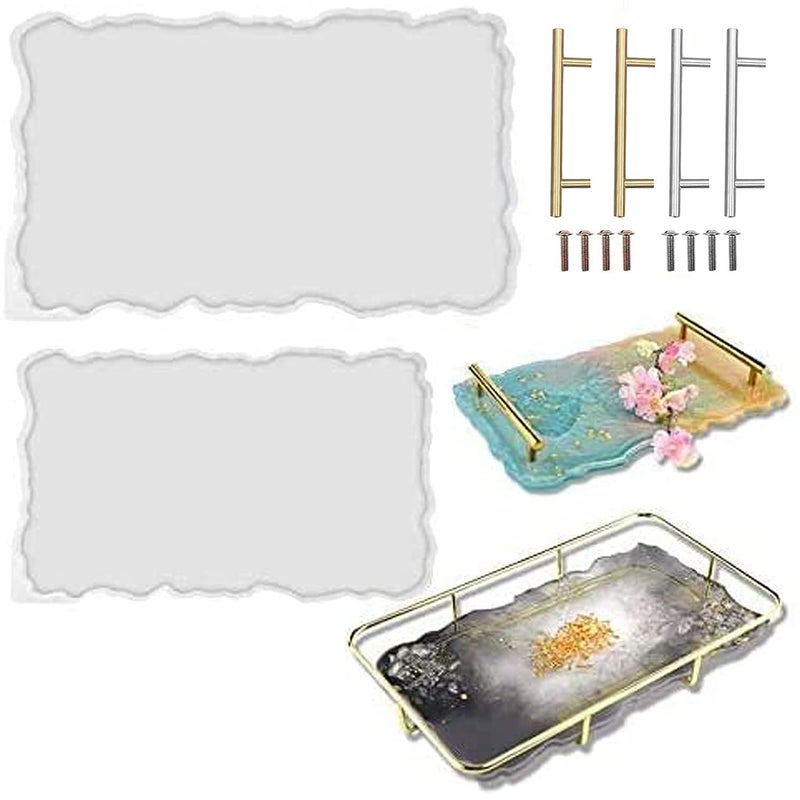 RESINWORLD 2 Size 14 inches XL Large Tray Silicone Molds Epoxy Resin Geode Tray Mold with Gold & Silver Handles DIY for Making Tray (Rectangle) - Image 1