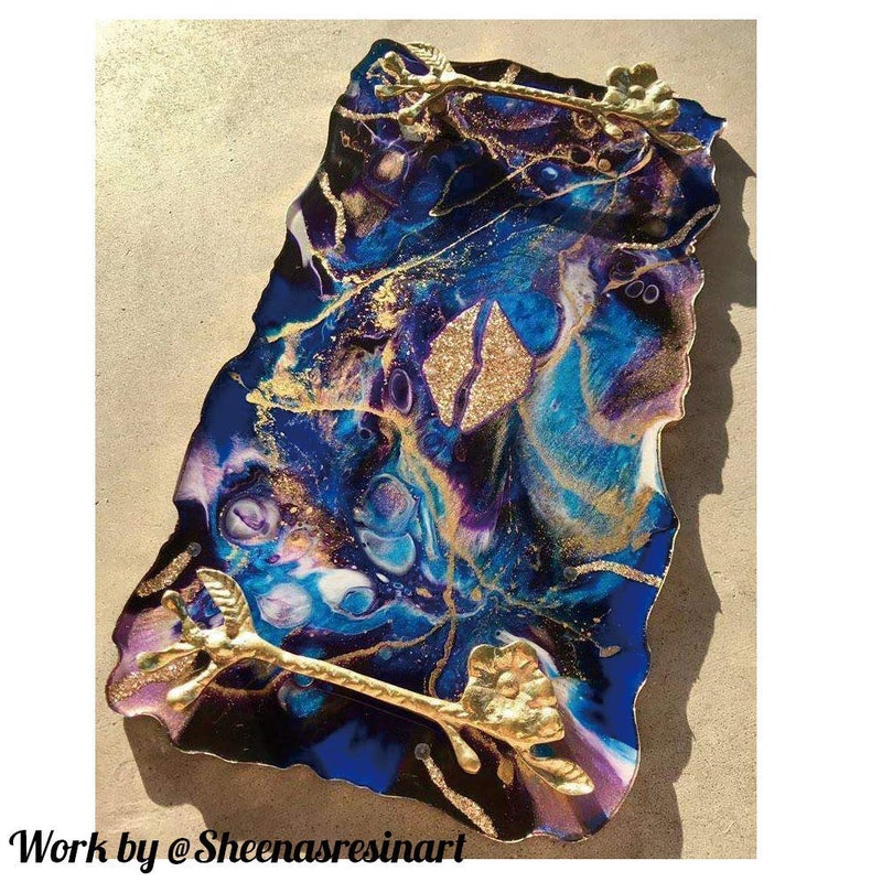 RESINWORLD 2 Size 14 inches XL Large Tray Silicone Molds Epoxy Resin Geode Tray Mold with Gold & Silver Handles DIY for Making Tray (Rectangle) - Image 5