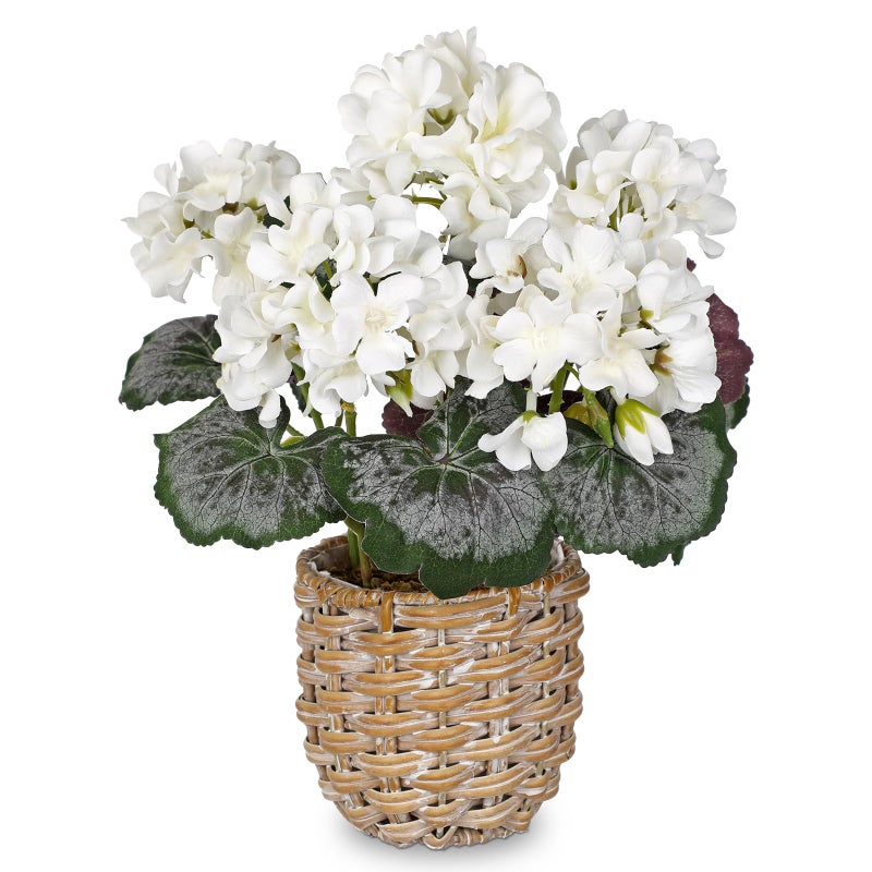 Briful Artificial White Geranium Flowers in Woven Basket, 11â€™â€™ Tall Silk Flower Arrangement, Realistic Geraniums Artificial Outdoor Plants for Home Indoor Farmhouse Table Wedding Centerpiece Decor - Image 1