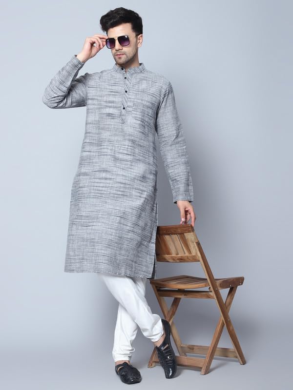 LATEST CHIKAN Men's Cotton Regular Fit Textured Long Kurta Full Sleeves - Casual Ethnic Wear -LK-NK-GY-36 Dim Grey - Image 2