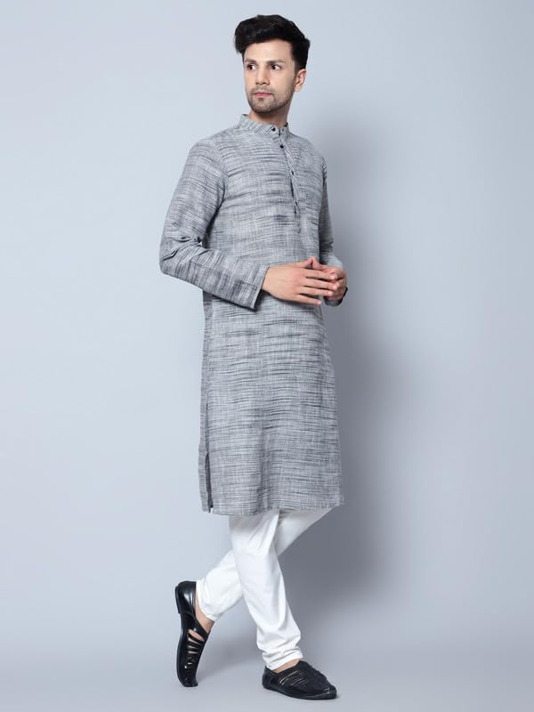 LATEST CHIKAN Men's Cotton Regular Fit Textured Long Kurta Full Sleeves - Casual Ethnic Wear -LK-NK-GY-36 Dim Grey - Image 3