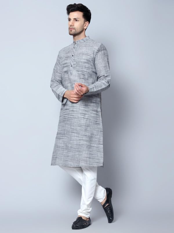 LATEST CHIKAN Men's Cotton Regular Fit Textured Long Kurta Full Sleeves - Casual Ethnic Wear -LK-NK-GY-36 Dim Grey - Image 4