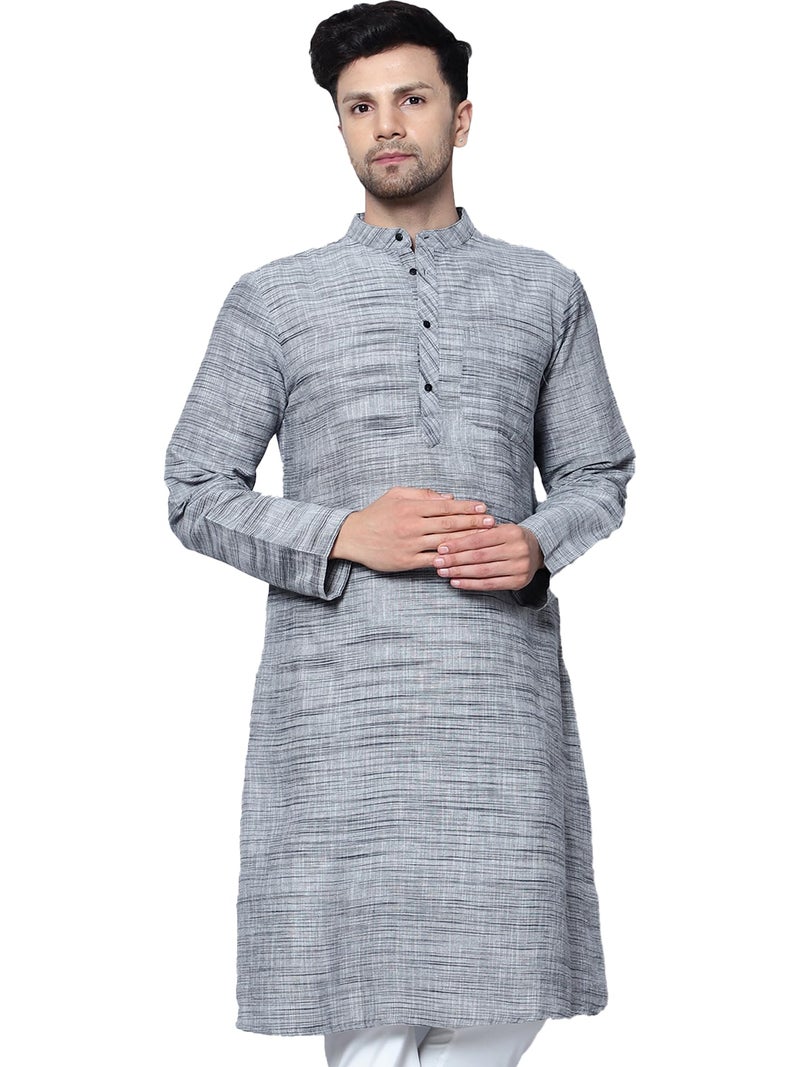 LATEST CHIKAN Men's Cotton Regular Fit Textured Long Kurta Full Sleeves - Casual Ethnic Wear -LK-NK-GY-36 Dim Grey - Image 1