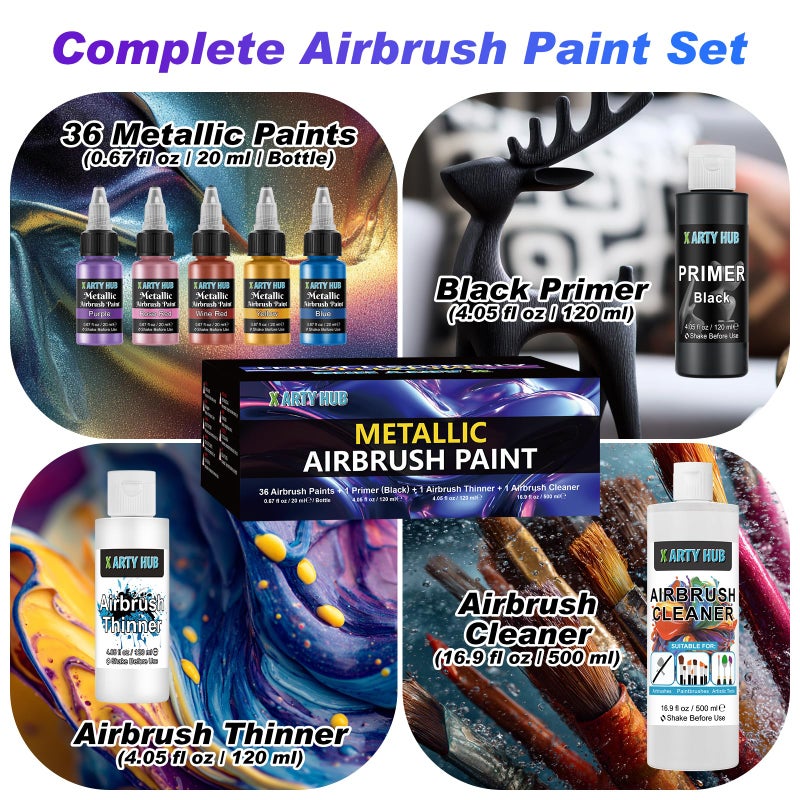 X ARTY HUB Metallic Airbrush Paint Kit, 36 Colors with 4.05 fl oz Black Primer & Thinner and 16.9 fl oz Cleaner, Ready to Spray Acrylic Paint, Water-Based Air Brush Painting Set for Artist & Beginner - Image 4