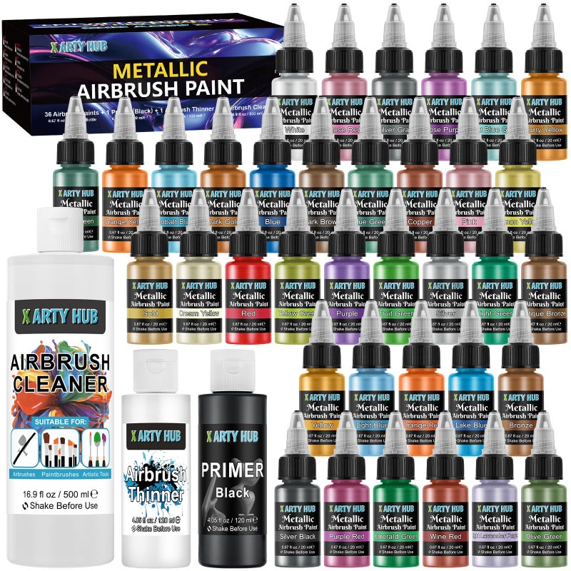 X ARTY HUB Metallic Airbrush Paint Kit, 36 Colors with 4.05 fl oz Black Primer & Thinner and 16.9 fl oz Cleaner, Ready to Spray Acrylic Paint, Water-Based Air Brush Painting Set for Artist & Beginner - Image 1