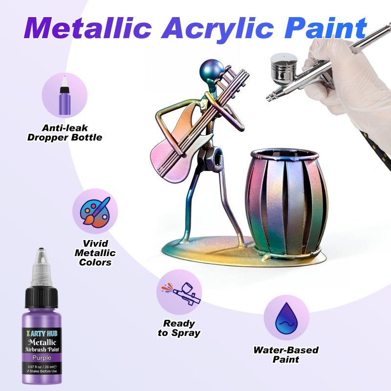 X ARTY HUB Metallic Airbrush Paint Kit, 36 Colors with 4.05 fl oz Black Primer & Thinner and 16.9 fl oz Cleaner, Ready to Spray Acrylic Paint, Water-Based Air Brush Painting Set for Artist & Beginner - Image 3