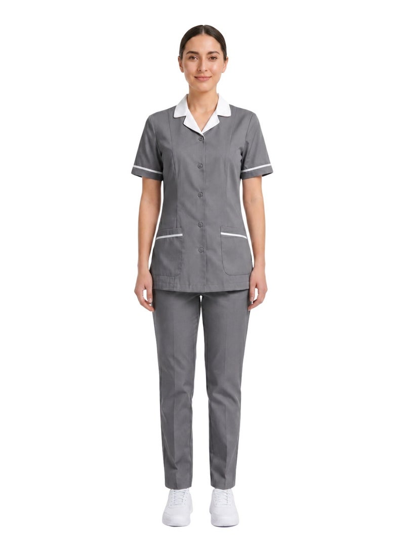 ZOZAZA Maid Uniform Scrub Suit for Women Two Piece Set, Housemaid Uniform Cotton Polyester Tunic Top and Pants, Nanny Nurse Uniform - Image 1