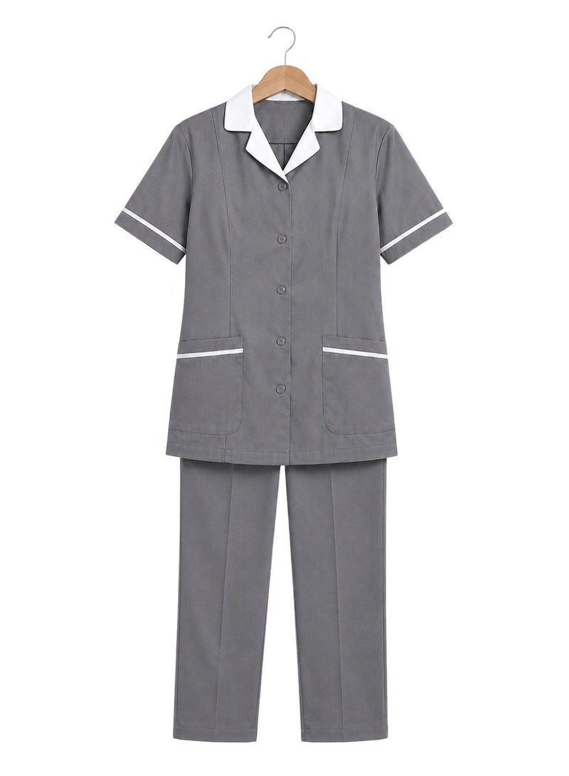 ZOZAZA Maid Uniform Scrub Suit for Women Two Piece Set, Housemaid Uniform Cotton Polyester Tunic Top and Pants, Nanny Nurse Uniform - Image 2