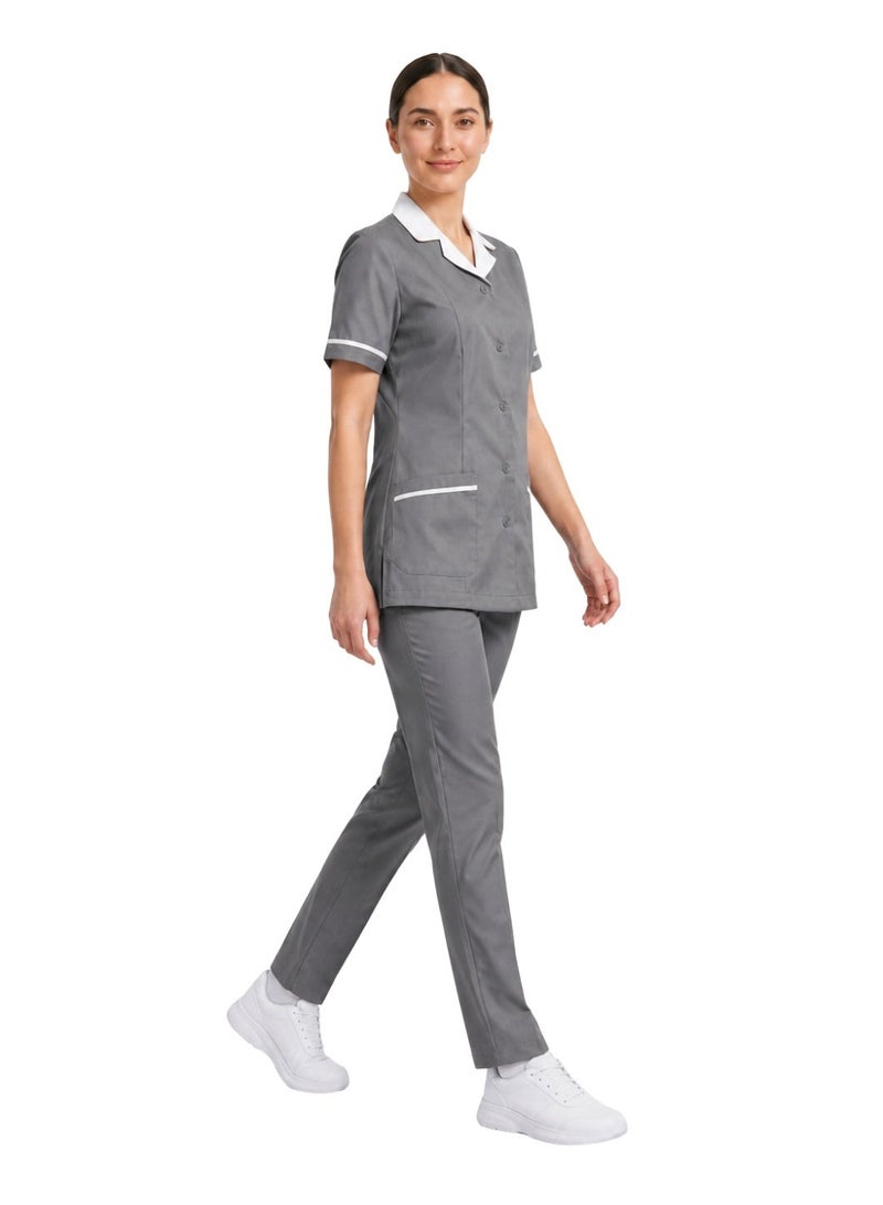 ZOZAZA Maid Uniform Scrub Suit for Women Two Piece Set, Housemaid Uniform Cotton Polyester Tunic Top and Pants, Nanny Nurse Uniform - Image 3