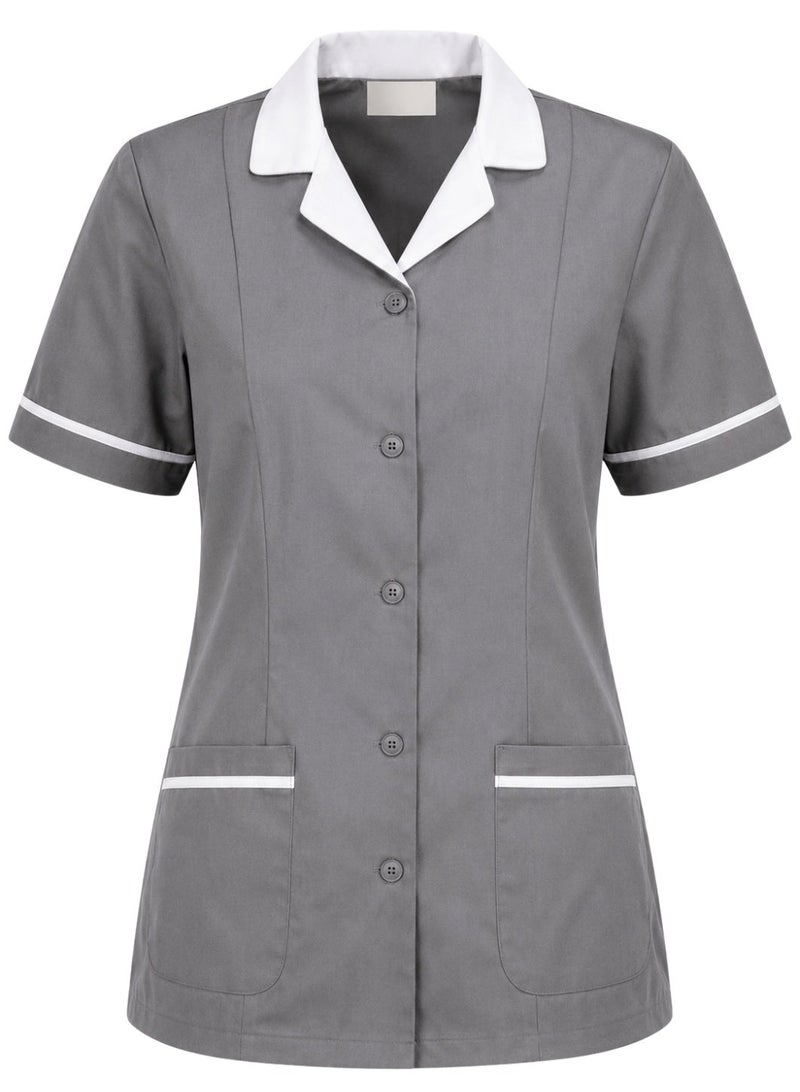ZOZAZA Maid Uniform Scrub Suit for Women Two Piece Set, Housemaid Uniform Cotton Polyester Tunic Top and Pants, Nanny Nurse Uniform - Image 5