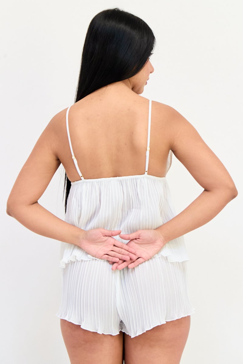 Flora Women 2 Pieces Pleated Top And Bottom Sleepwear Set, White  - Image 3