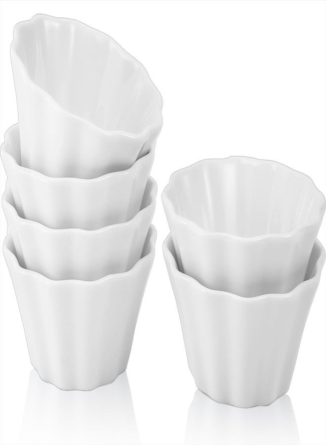 PLMMOUT 6 Pack Creme Brulee Ramekins, 6 oz Flower Shaped Ramekins Ceramic Dessert Bowls, Ceramic Pudding Cups Souffle Dishes, Ramekin Oven Safe for Baking Souffle Pudding, White - Image 1