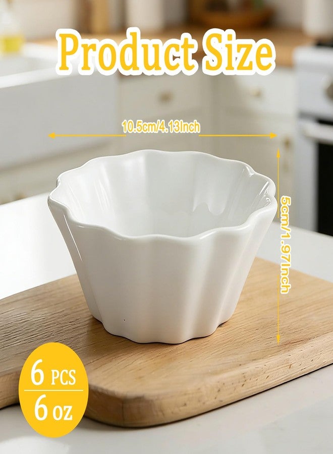 PLMMOUT 6 Pack Creme Brulee Ramekins, 6 oz Flower Shaped Ramekins Ceramic Dessert Bowls, Ceramic Pudding Cups Souffle Dishes, Ramekin Oven Safe for Baking Souffle Pudding, White - Image 2