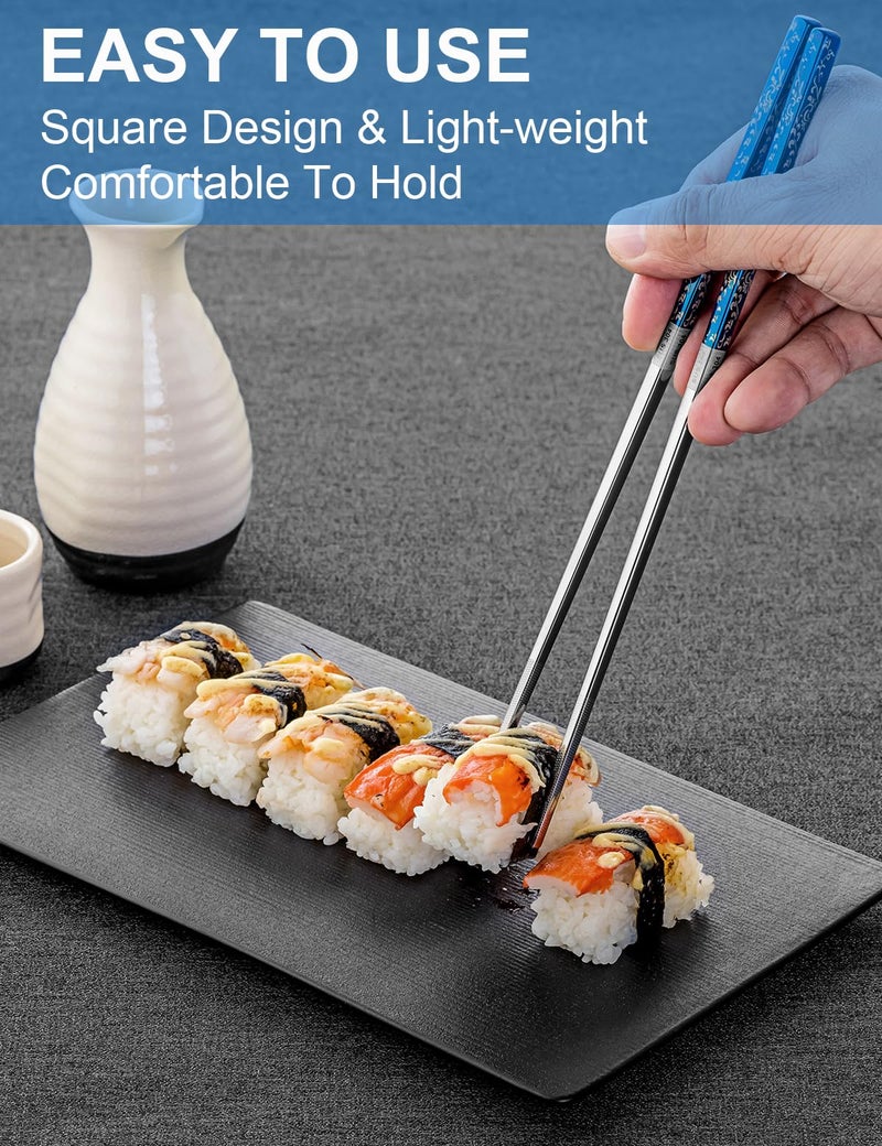 FOFAYU Metal Chopsticks Reusable 2 Pairs Titanium Plated Stainless Steel Chopsticks with Holder, Dishwasher Safe Non-Slip Japanese Style Chop Sticks Present Set (Blue Silver) - Image 5