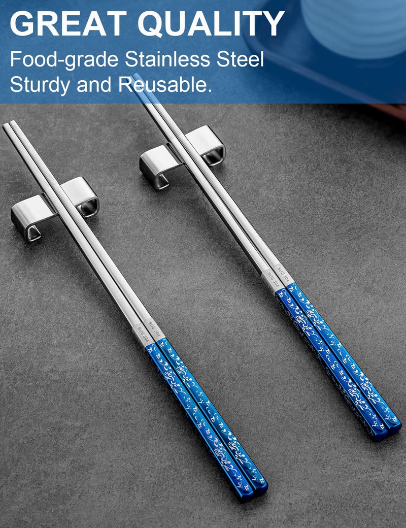 FOFAYU Metal Chopsticks Reusable 2 Pairs Titanium Plated Stainless Steel Chopsticks with Holder, Dishwasher Safe Non-Slip Japanese Style Chop Sticks Present Set (Blue Silver) - Image 3
