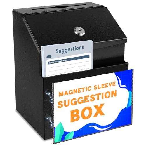 LINSIRON Suggestion Box with Slot and Lock Metal 8.4 x 5.8 x 7.0 inch Built-In Storage Compartment with Magnetic Sign Holder 50 Suggestion Cards Tip Jar Ballot Voting Prayer Comment Mailbox Teacher - Image 1