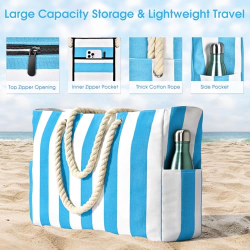 Becokan Beach Bags for Women Pool Bag Waterproof Sandproof Beach Bag Large Beach Swim Bag with Zipper Stripe Beach Bag Tote - Image 3