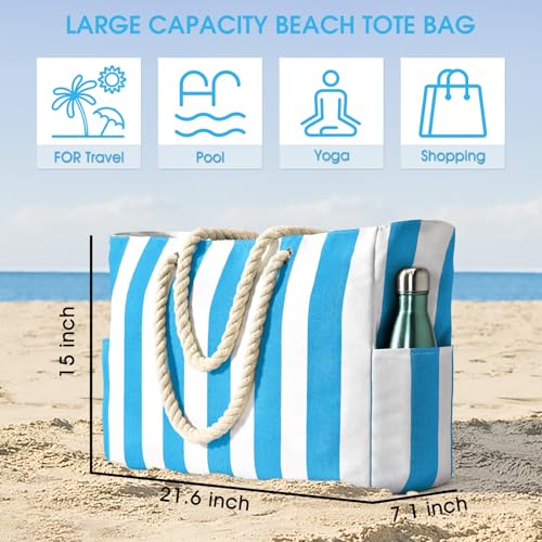 Becokan Beach Bags for Women Pool Bag Waterproof Sandproof Beach Bag Large Beach Swim Bag with Zipper Stripe Beach Bag Tote - Image 4