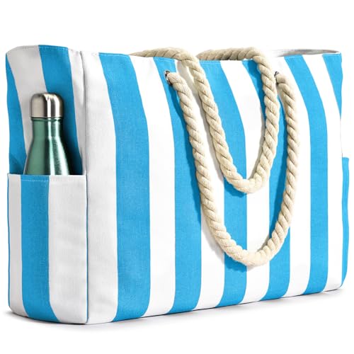 Becokan Beach Bags for Women Pool Bag Waterproof Sandproof Beach Bag Large Beach Swim Bag with Zipper Stripe Beach Bag Tote - Image 1