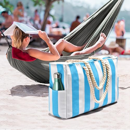 Becokan Beach Bags for Women Pool Bag Waterproof Sandproof Beach Bag Large Beach Swim Bag with Zipper Stripe Beach Bag Tote - Image 5