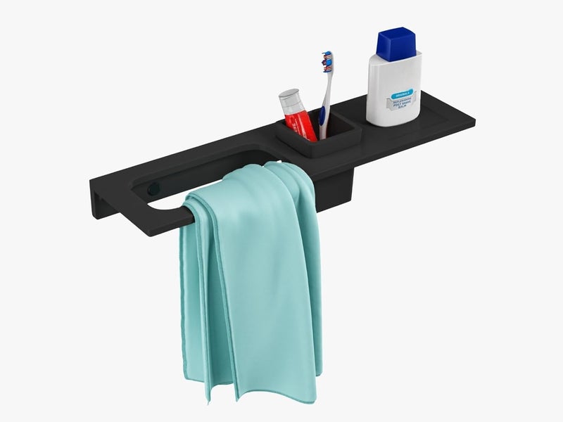 RAYNO RAYNO Brush Holder with Napkin Stand Shelf WallMounted Towel Rack with Storage Shelf and Toothbrush Holder Multipurpose Bathroom Organizer with Towel Bar Black  - Image 1