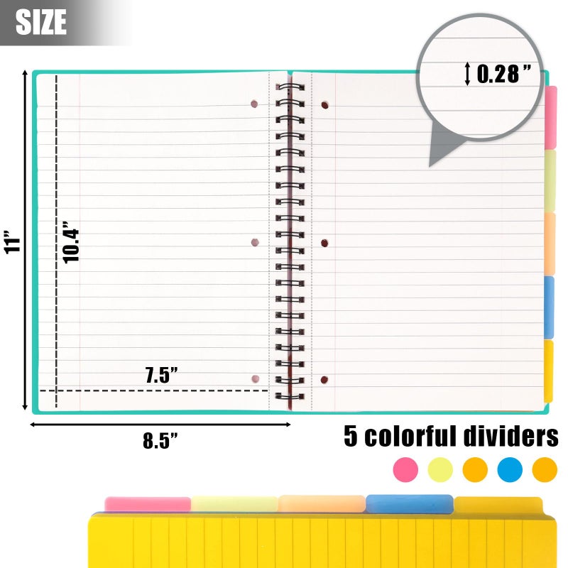 HIBOX Spiral Notebook with Tabs, 8.5x11inch Hardcover College Ruled Journals with Deviders 5 Subject Project Notebook Perforated Edges for School Office, Green - Image 5