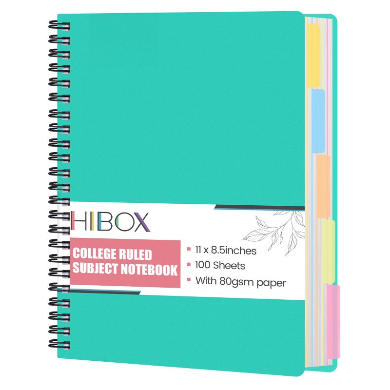 HIBOX Spiral Notebook with Tabs, 8.5x11inch Hardcover College Ruled Journals with Deviders 5 Subject Project Notebook Perforated Edges for School Office, Green - Image 1