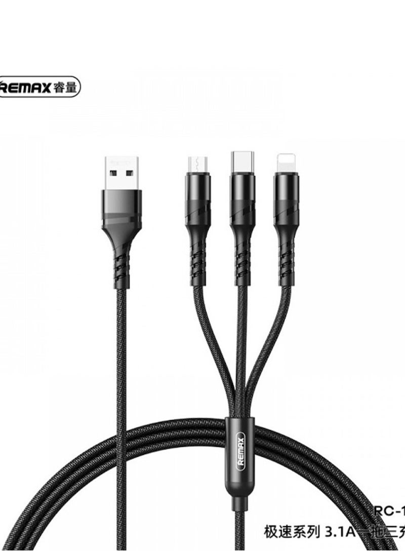 ريماكس كابل شحن سريع 3 في 1 من USB إلى Lightning وMicro USB وType-C، كابل مضفر متين بطول 120 سم مع شريحة ذكية، سلك شحن سريع 3.1 أمبير بحد أقصى للهواتف الذكية والأجهزة اللوحية وأجهزة Android وiPhone والمزيد - أسود - Image 1
