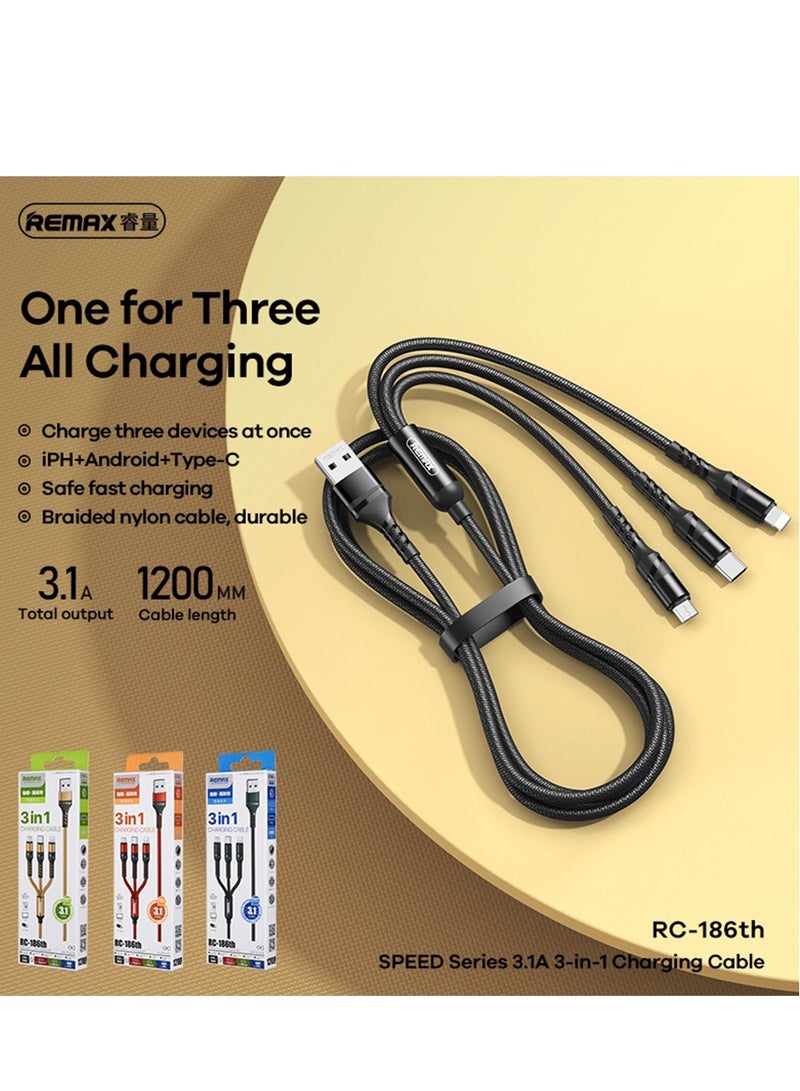 ريماكس كابل شحن سريع 3 في 1 من USB إلى Lightning وMicro USB وType-C، كابل مضفر متين بطول 120 سم مع شريحة ذكية، سلك شحن سريع 3.1 أمبير بحد أقصى للهواتف الذكية والأجهزة اللوحية وأجهزة Android وiPhone والمزيد - أسود - Image 2