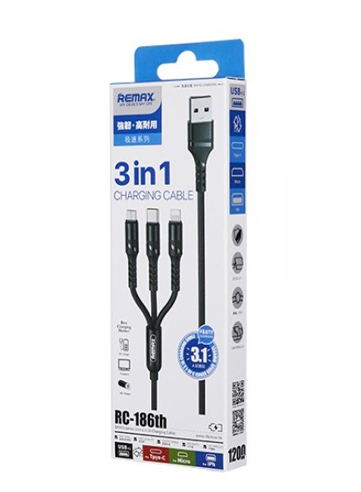 ريماكس كابل شحن سريع 3 في 1 من USB إلى Lightning وMicro USB وType-C، كابل مضفر متين بطول 120 سم مع شريحة ذكية، سلك شحن سريع 3.1 أمبير بحد أقصى للهواتف الذكية والأجهزة اللوحية وأجهزة Android وiPhone والمزيد - أسود - Image 4