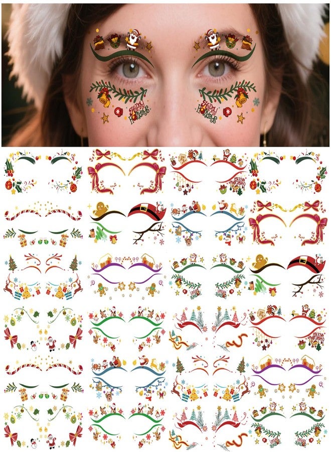 Metuu 24 Pairs Christmas Eyeliner Temporary Tattoos for Adults and Kids, Glitter Eyes Tattoos for Christmas Makeup, Waterproof Golden Santa, Christmas trees, Holly, Snowman Face Tattoos for Christmas Gift - Image 1