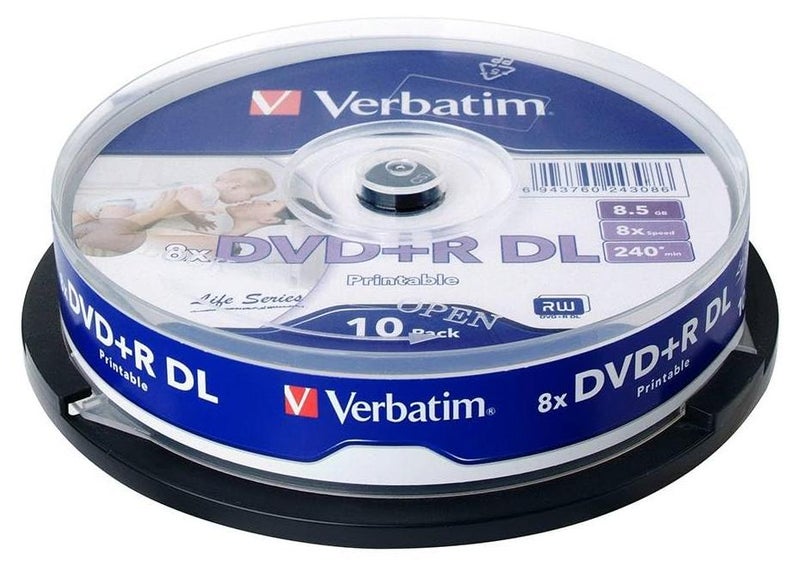 VERBATIM 64308 8.5GB قرص DVD+R DL فارغ مزدوج الطبقة بسرعة 8X قابل للطباعة بالحبر الأبيض (عبوة من 10 أقراص في علبة كعكة) - Image 1