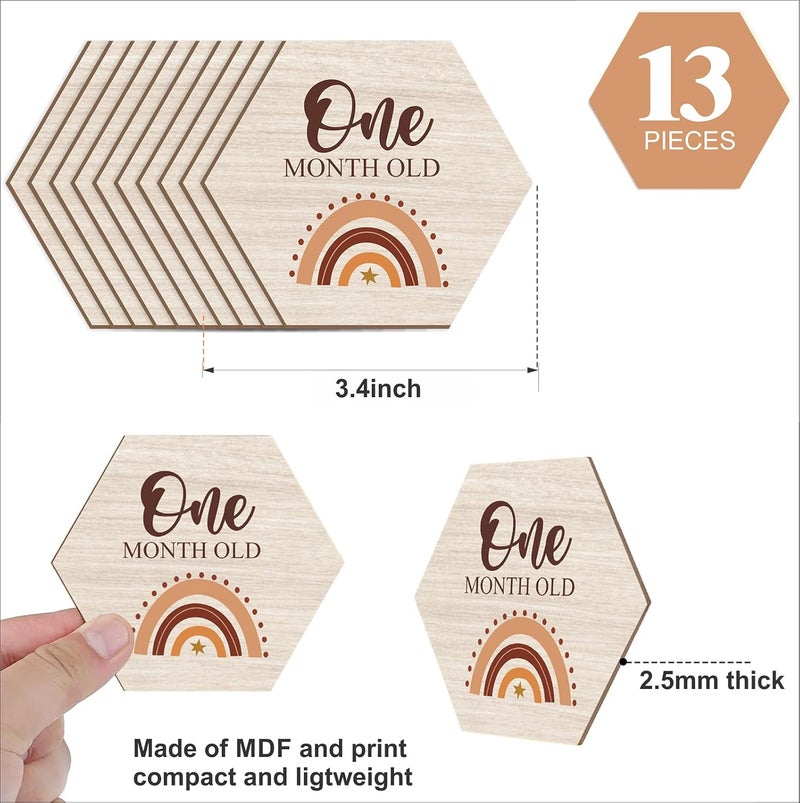 SVM CRAFT 13 قطعة بطاقات milestones للأطفال من خشب MDF - علامة شهور الطفل - أقراص مطبوعة من جانب واحد بتصميم قوس قزح بوهو - هدية تصوير - إعلان ولادة - أزرق - Image 2