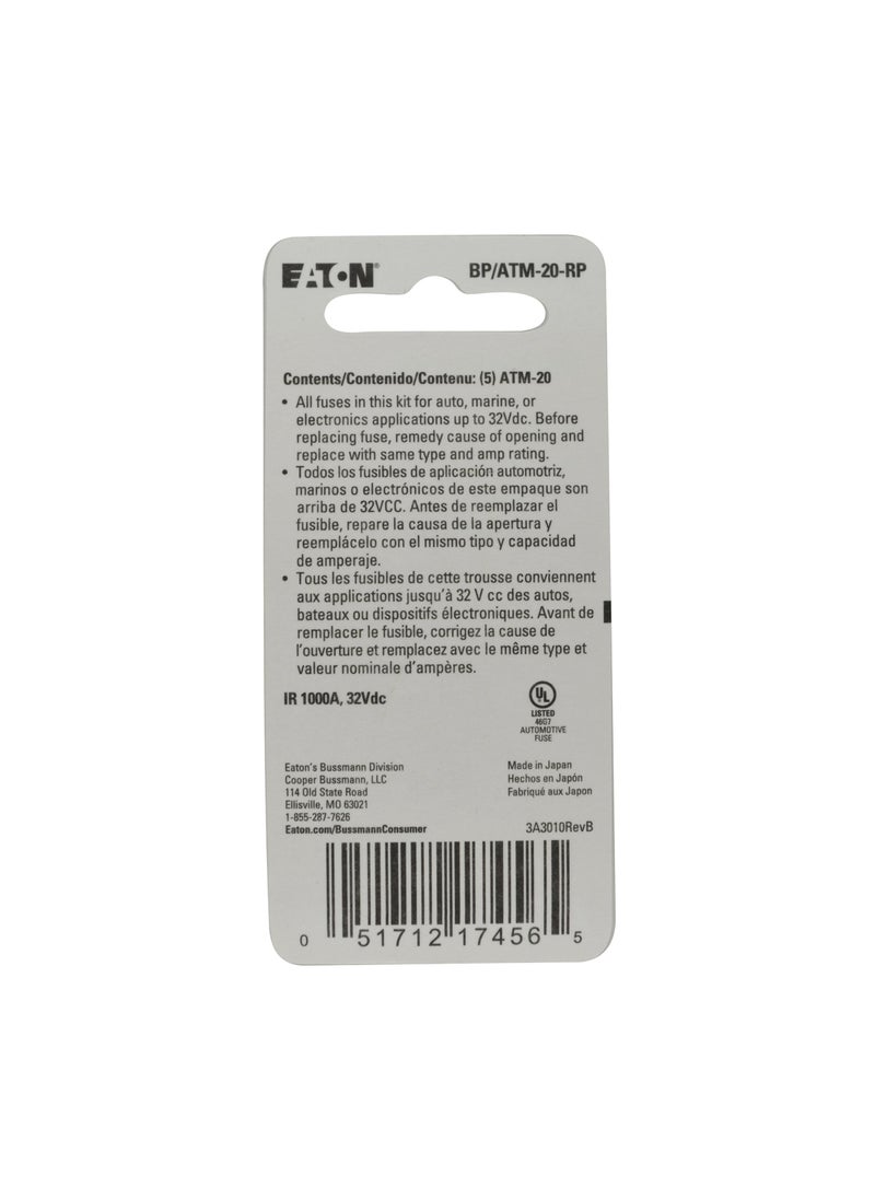Bussmann Bussmann - BP/ATM-20-RP 0408.1332 BP/ATM-20 20 Amp Fast Acting Mini-Fuse,Yellow  - Image 2