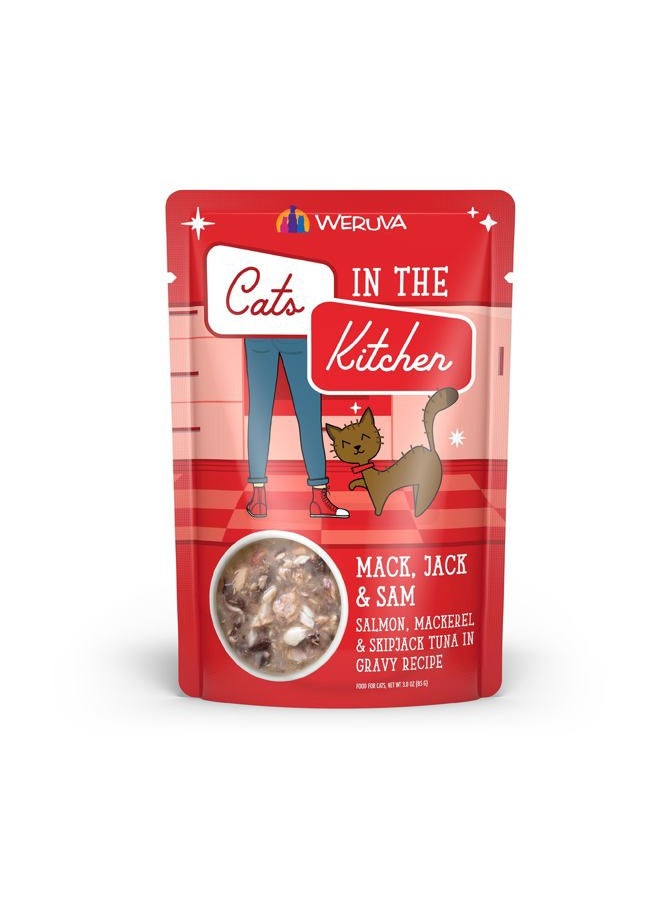 Weruva Cats in the Kitchen Mack, Jack & Sam with Mackerel, Skipjack & Salmon in Gravy Cat Food, 3oz Pouch (Pack of 12) - Image 1