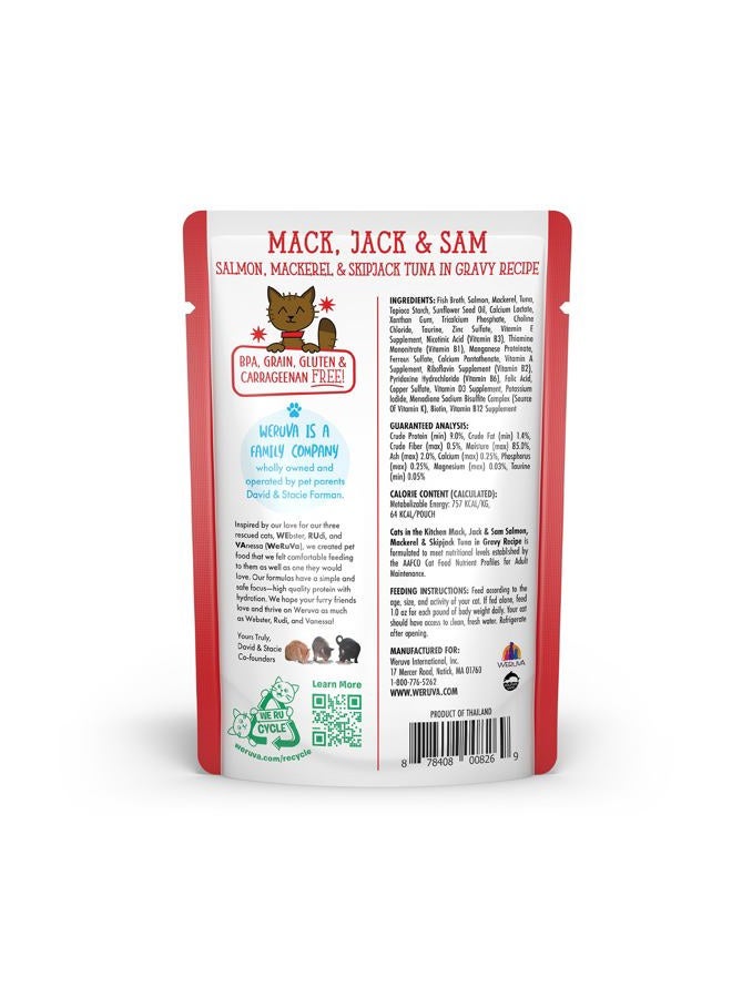 Weruva Cats in the Kitchen Mack, Jack & Sam with Mackerel, Skipjack & Salmon in Gravy Cat Food, 3oz Pouch (Pack of 12) - Image 3