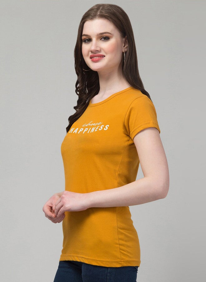 TREND LEVEL Mustard Yellow Typography Printed Cotton T-shirt for Women - Image 3