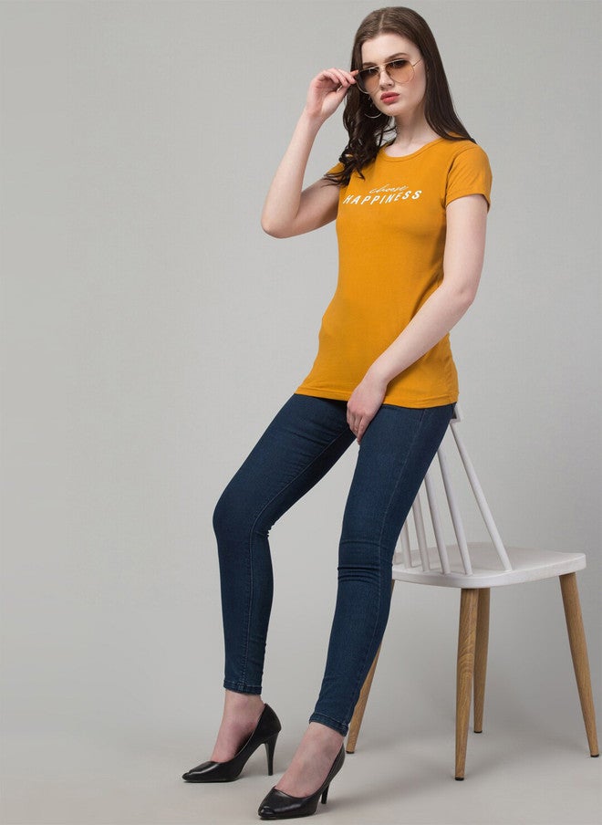 TREND LEVEL Mustard Yellow Typography Printed Cotton T-shirt for Women - Image 5