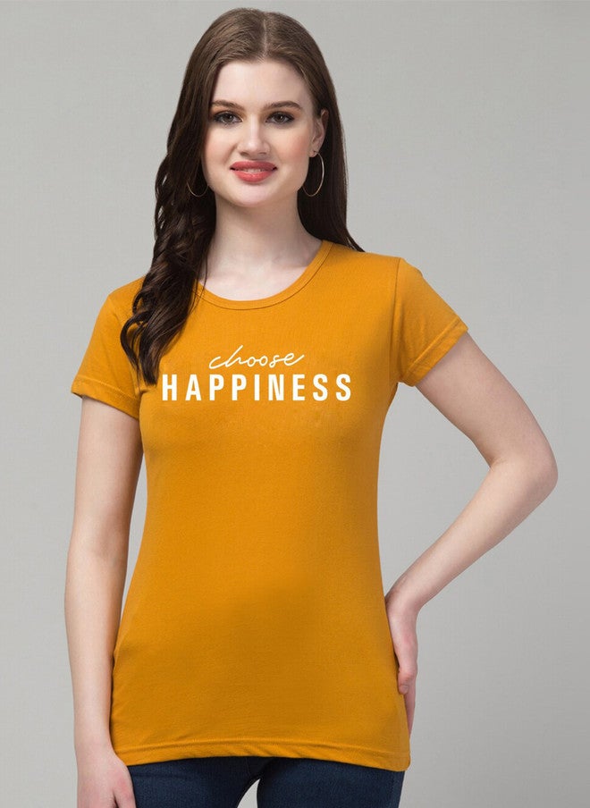 TREND LEVEL Mustard Yellow Typography Printed Cotton T-shirt for Women - Image 1