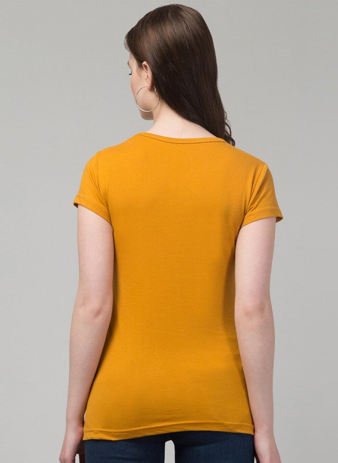 TREND LEVEL Mustard Yellow Typography Printed Cotton T-shirt for Women - Image 4