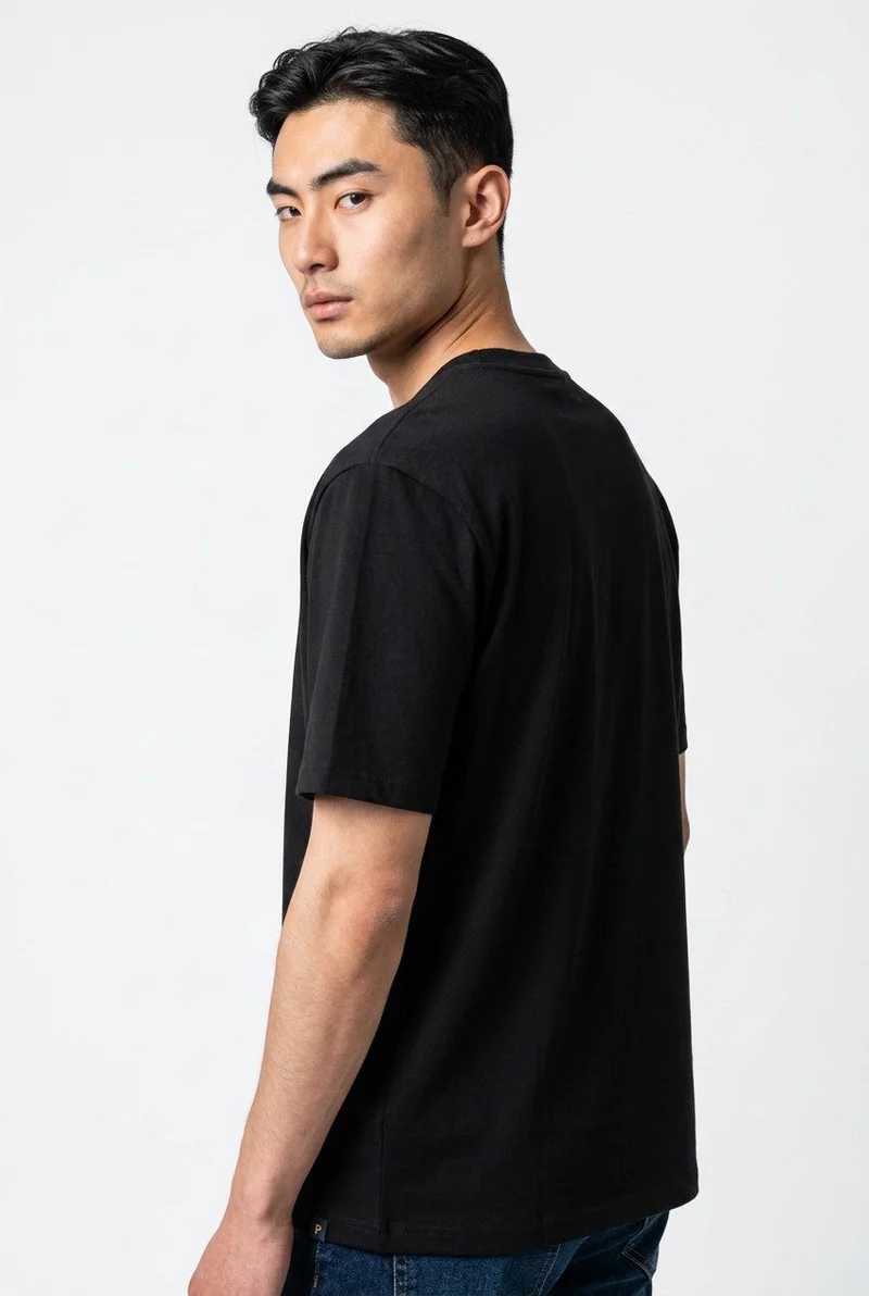 او في اس OVS Black Crew-Neck Pure Cotton T-Shirt, Regular Fit