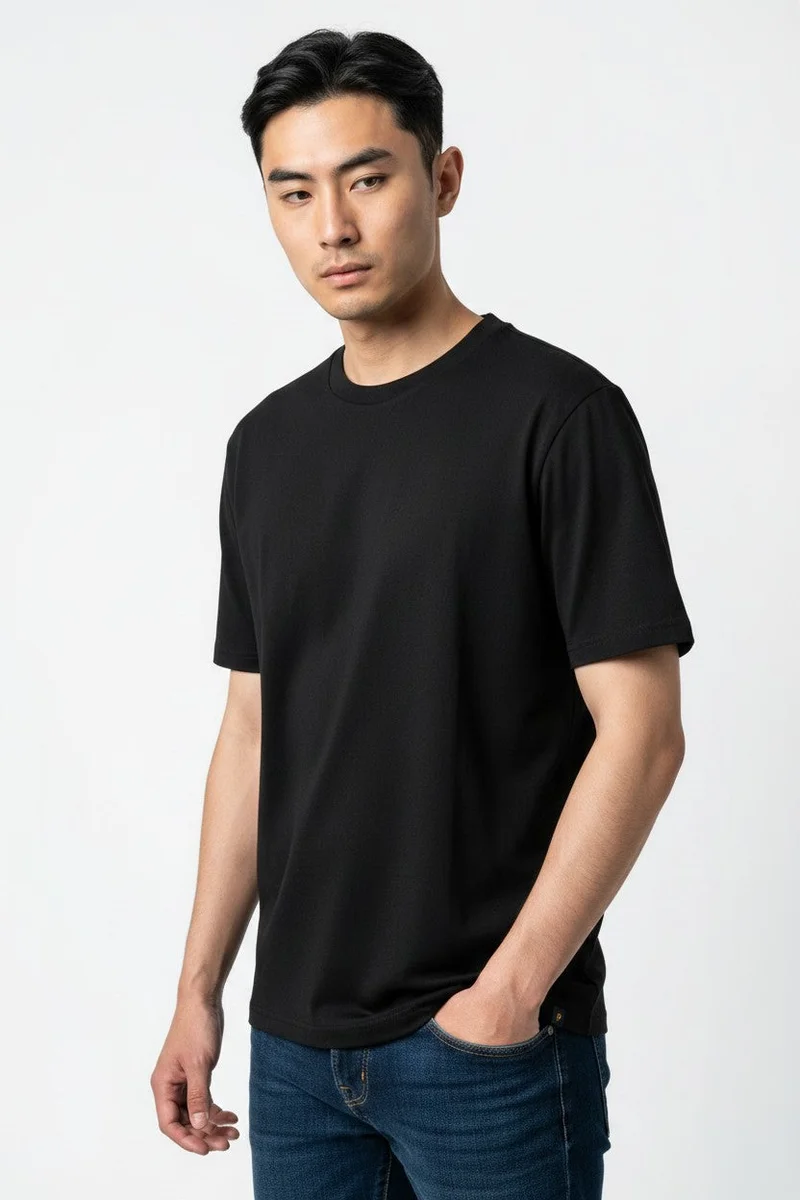 او في اس OVS Black Crew-Neck Pure Cotton T-Shirt, Regular Fit