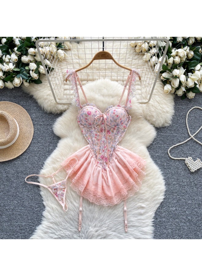 Caprisious Floral Lace Mesh Bodice Dress with Pleated Skirt and Adjustable Straps - Image 1