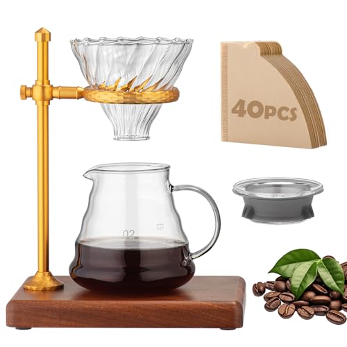shoxil Pour Over Coffee Maker Set – Glass Coffee Dripper with Stainless Steel Stand, Wooden Base & 40 Filters – Travel Filter Coffee Maker - Image 1