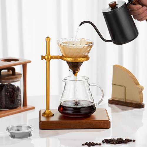 shoxil Pour Over Coffee Maker Set – Glass Coffee Dripper with Stainless Steel Stand, Wooden Base & 40 Filters – Travel Filter Coffee Maker - Image 2
