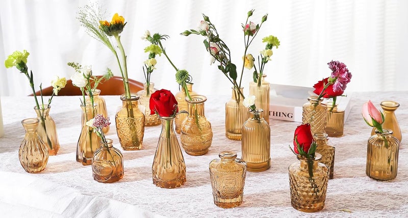 QLOFEI 20 Pcs Amber Gold Glass Bud Vases- Set Amber Gold Small Vases for Flowers, Vintage Flower Cute Glass in Bulk for Centerpieces Rustic Decorative Wedding Table Home - Image 2